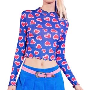 Heart Print Mesh Long Sleeve Top Blue Red Valentines Day Top Sizes S-L Available